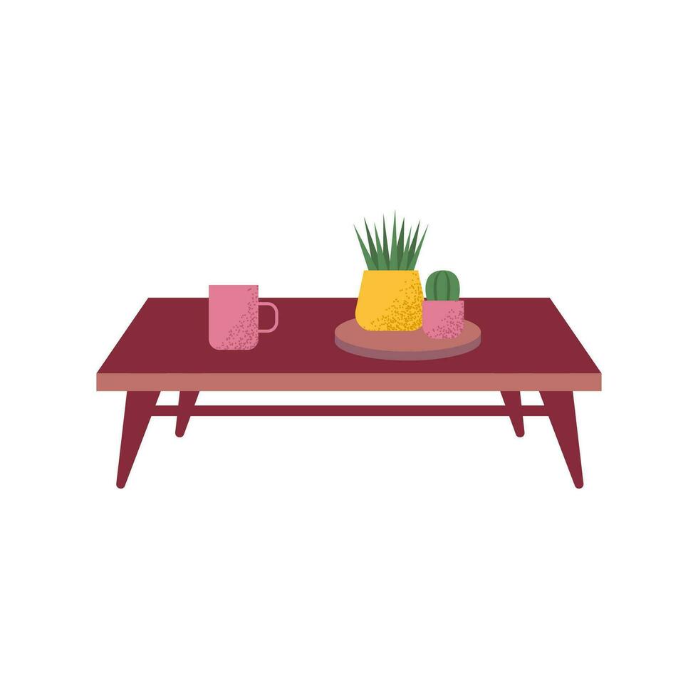 Cartoon Color Table with Mug and Succulents Potted Set Concept. Vector