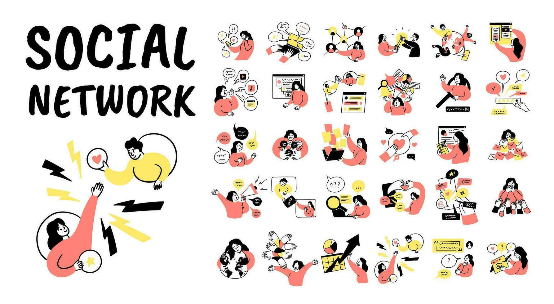 Cartoon Color Social Network Concept Set. Vector