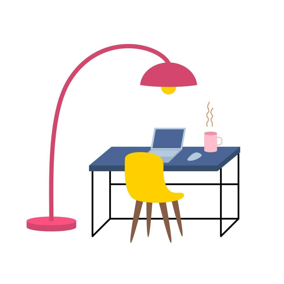 Cartoon Color Desktop, Laptop, Lamp and Chair Set Concept. Vector