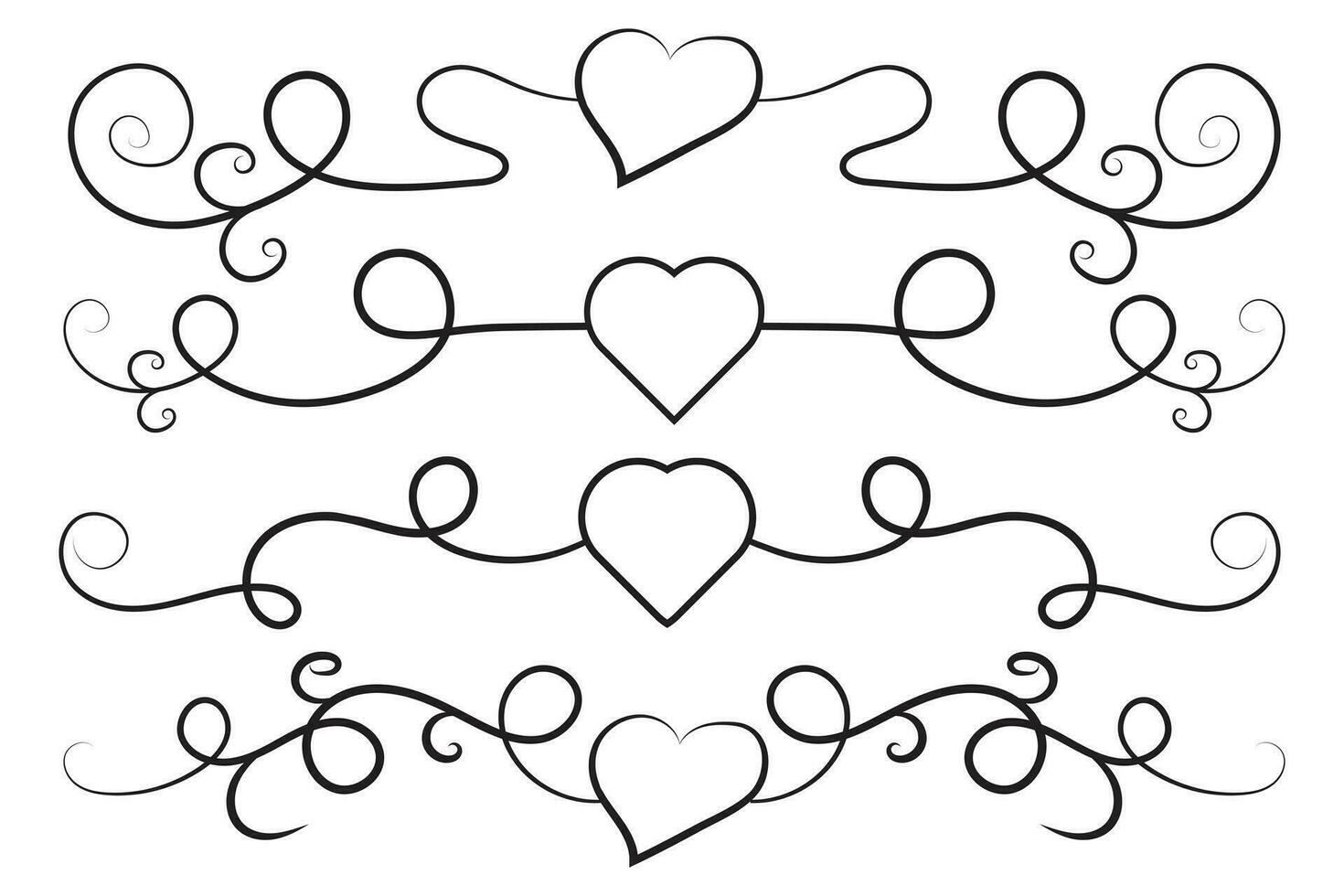 Filigree curly Calligraphic Heart, Fancy Line Flourishes Swirls hearts, curve romantic love separator, Valentines Day divider flourish Swirl, Calligraphy Flourish lettering header hearts scroll vector