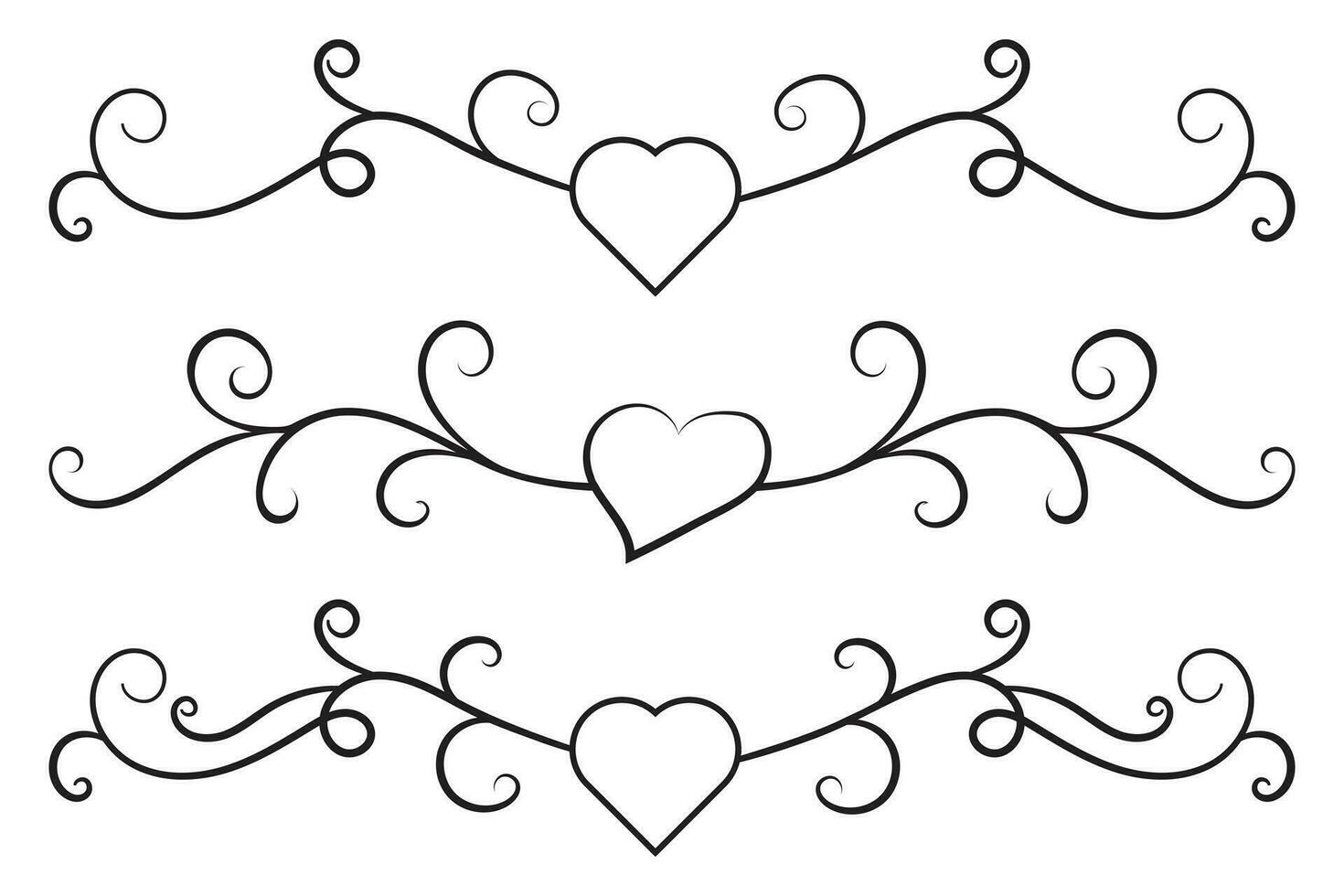Filigree curly Calligraphic Heart, Fancy Line Flourishes Swirls hearts, curve romantic love separator, Valentines Day divider flourish Swirl, Calligraphy Flourish lettering header hearts scroll vector