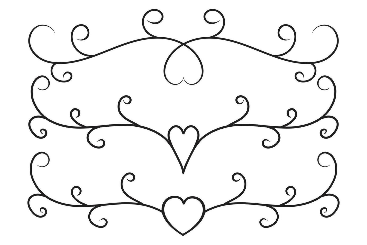 Filigree curly Calligraphic Heart, Fancy Line Flourishes Swirls hearts, curve romantic love separator, Valentines Day divider flourish Swirl, Calligraphy Flourish lettering header hearts scroll vector