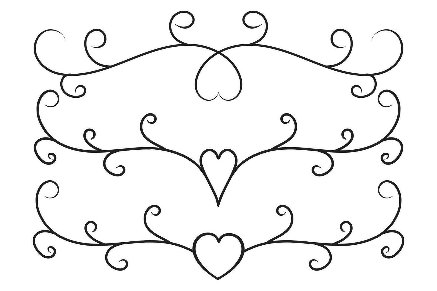 filigrana Rizado caligráfico corazón, lujoso línea florece remolinos corazones, curva romántico amor separador, san valentin día divisor florecer remolino, caligrafía florecer letras encabezamiento corazones Desplazarse vector