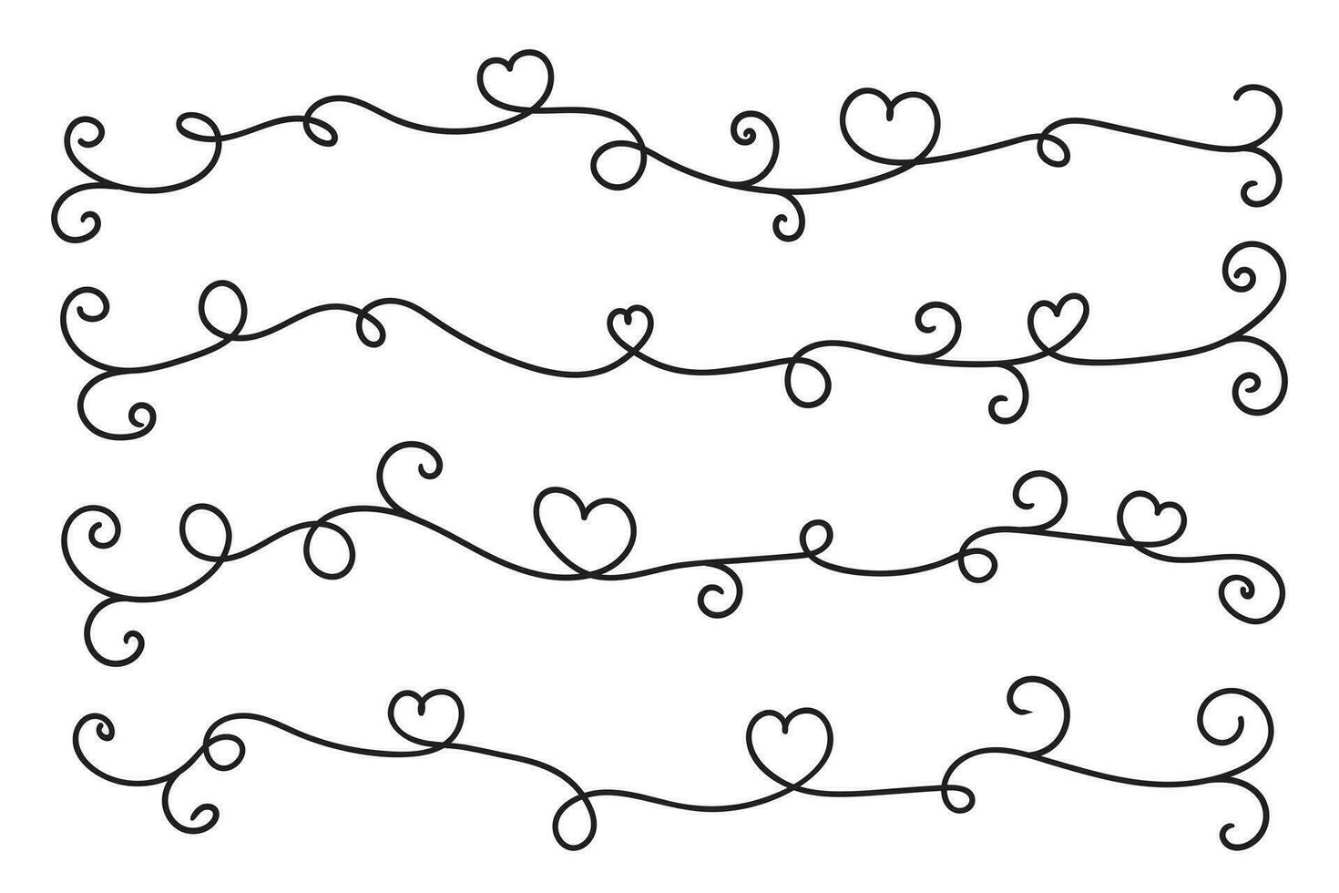 Filigree curly Calligraphic Heart, Fancy Line Flourishes Swirls hearts, curve romantic love separator, Valentines Day divider flourish Swirl, Calligraphy Flourish lettering header hearts scroll vector