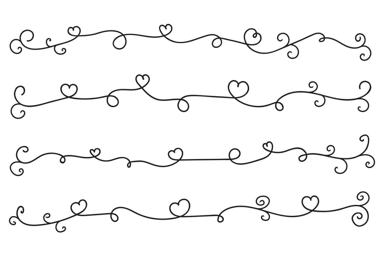 Filigree curly Calligraphic Heart, Fancy Line Flourishes Swirls hearts, curve romantic love separator, Valentines Day divider flourish Swirl, Calligraphy Flourish lettering header hearts scroll vector