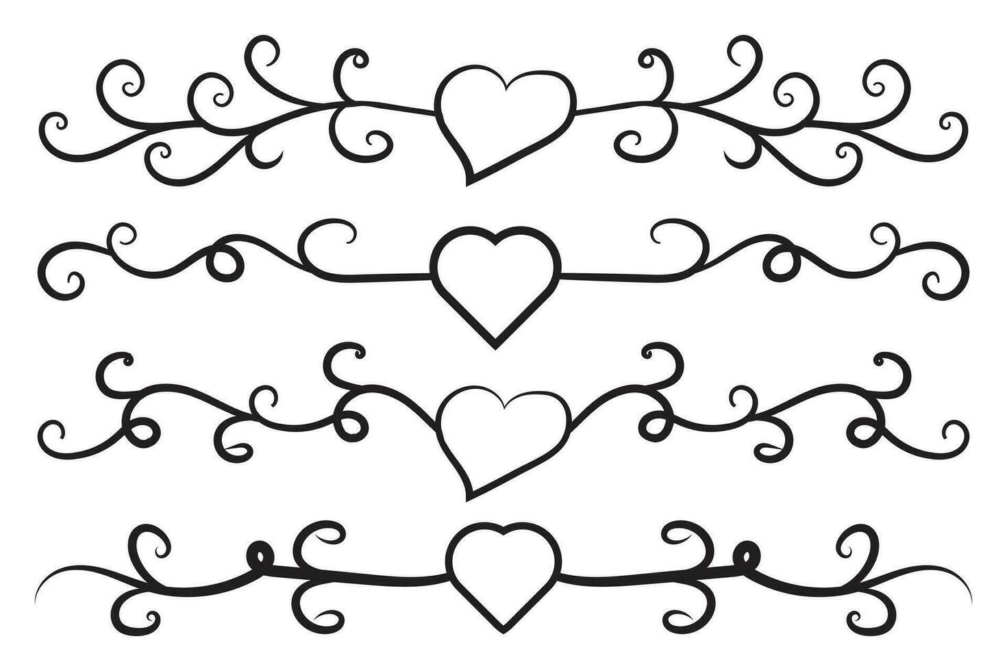 Filigree curly Calligraphic Heart, Fancy Line Flourishes Swirls hearts, curve romantic love separator, Valentines Day divider flourish Swirl, Calligraphy Flourish lettering header hearts scroll vector