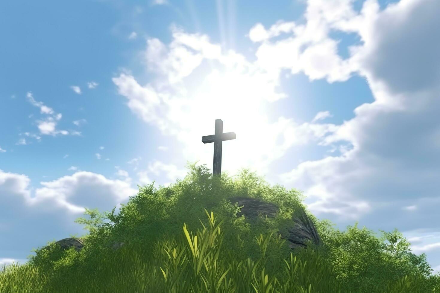 The cross of God with green Leaf, in the rays of the sun and blue sky. Cross on the hill with green trees and graeen natural view. Religious concept, AI Generative photo