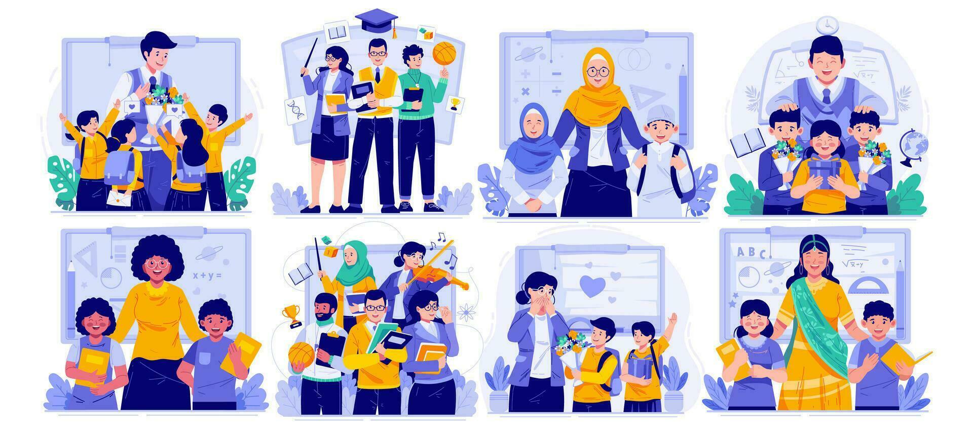 Illustration Set of Happy Teachers Day. Teachers and Children Students. Students and Giving Gifts and Bouquet of Flowers to Their Teacher vector