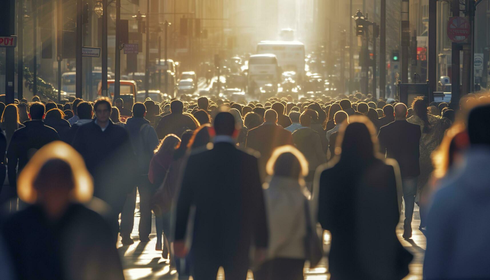 Crowd of people walking busy city street backlit. Generative AI photo