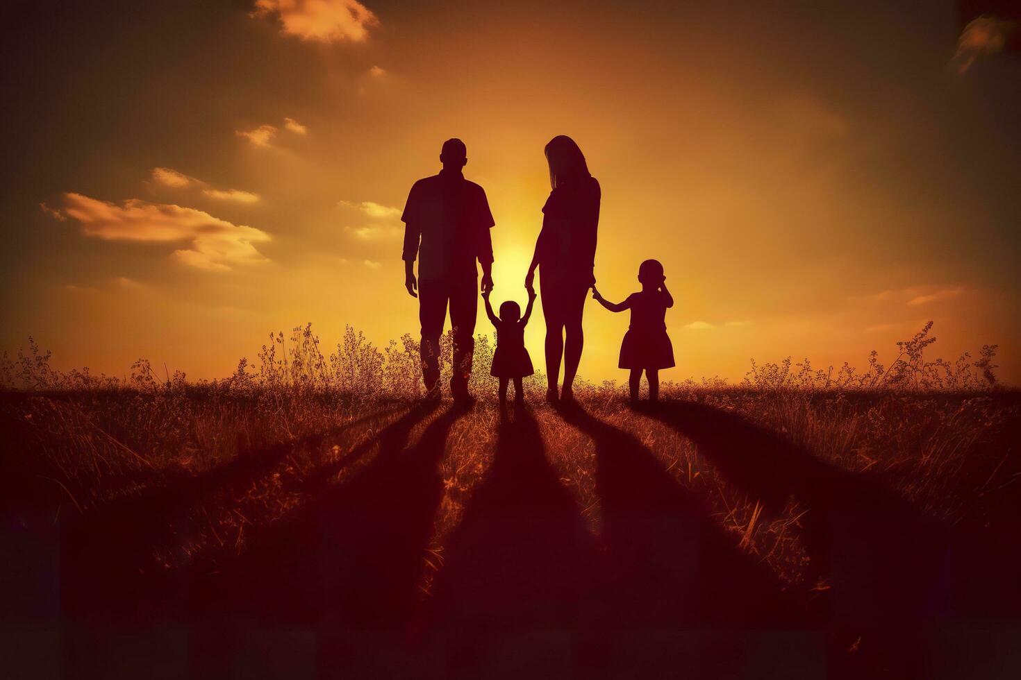 Shadow of Happy family together, parents with their little baby at sunset. A Silhouette of Love and Unity. AI Generative photo