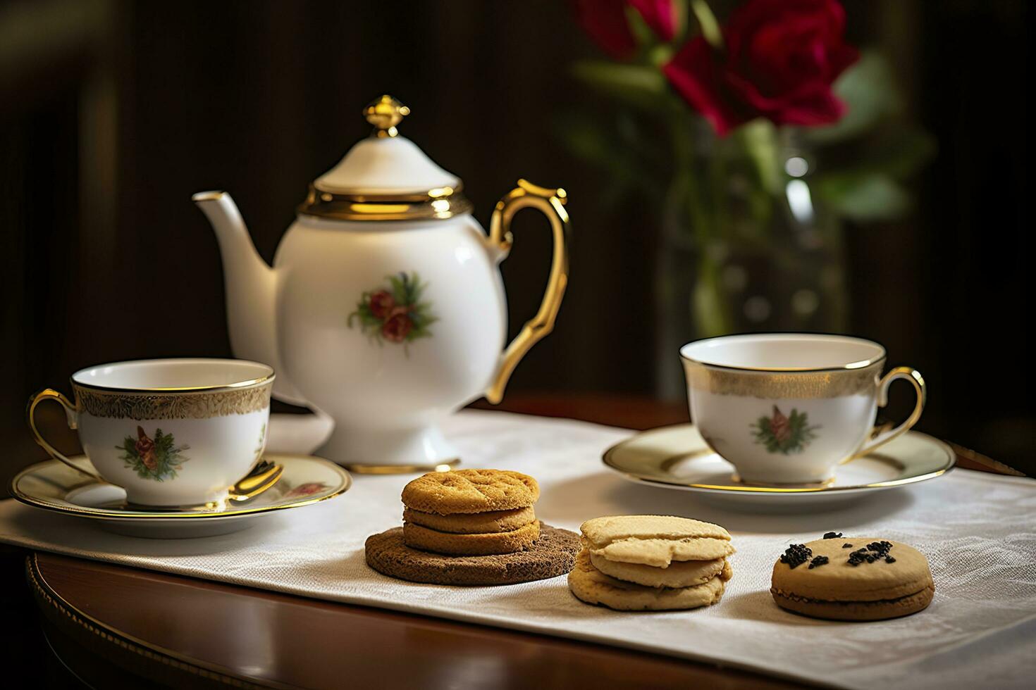 Classical served tea table with biscuits. Generative AI photo