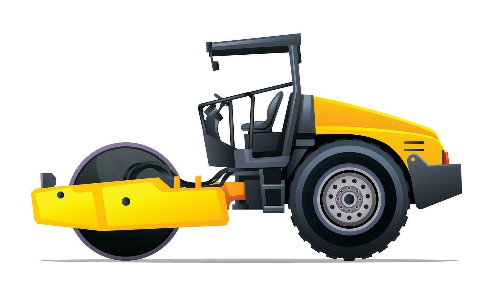 Steamroller compactor side view vector illustration. Heavy machinery construction vehicle isolated on white background