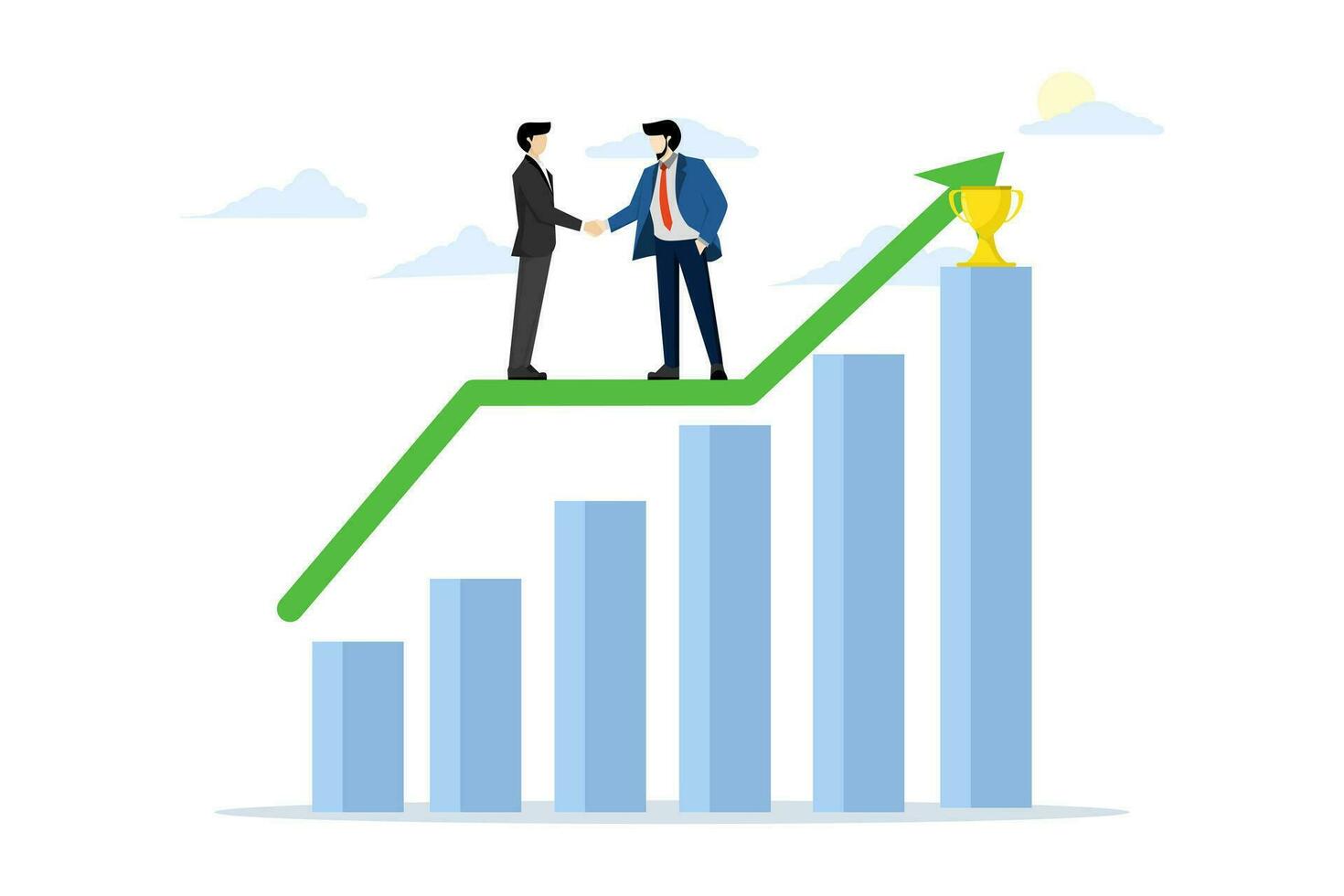 Concept of collaboration in achieving goals, partnership for revenue and profit growth, teamwork to achieve targets, motivation for success, two businessmen shaking hands on a growing graph arrow. vector