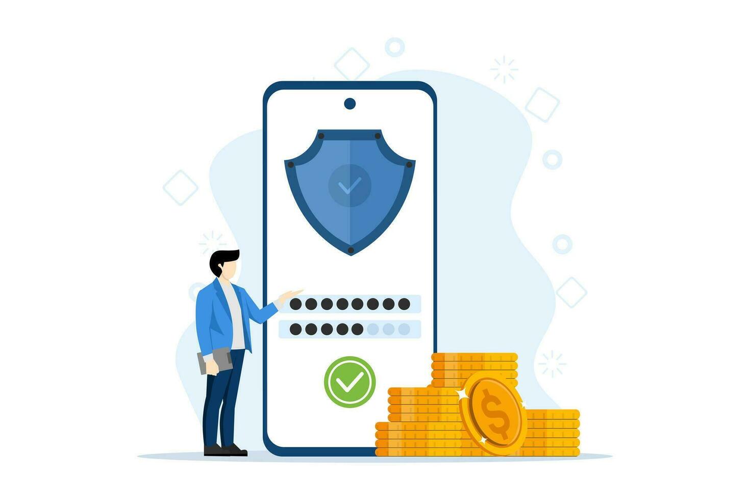 Concept of personal data protection and secure login process. Protection of profiles and accounts on the internet. business man ensures device security on mobile phone screen. User application. vector