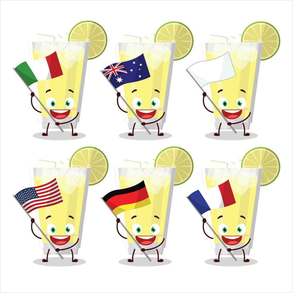 limonada dibujos animados personaje traer el banderas de varios países vector
