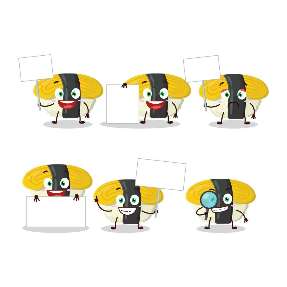 Tamago sushi cartoon character bring information board vector