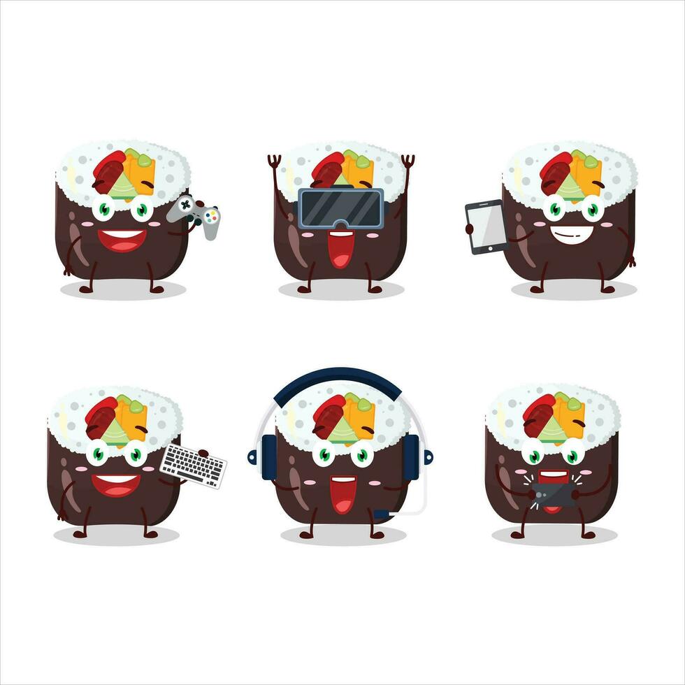 Futomaki cartoon character are playing games with various cute emoticons vector