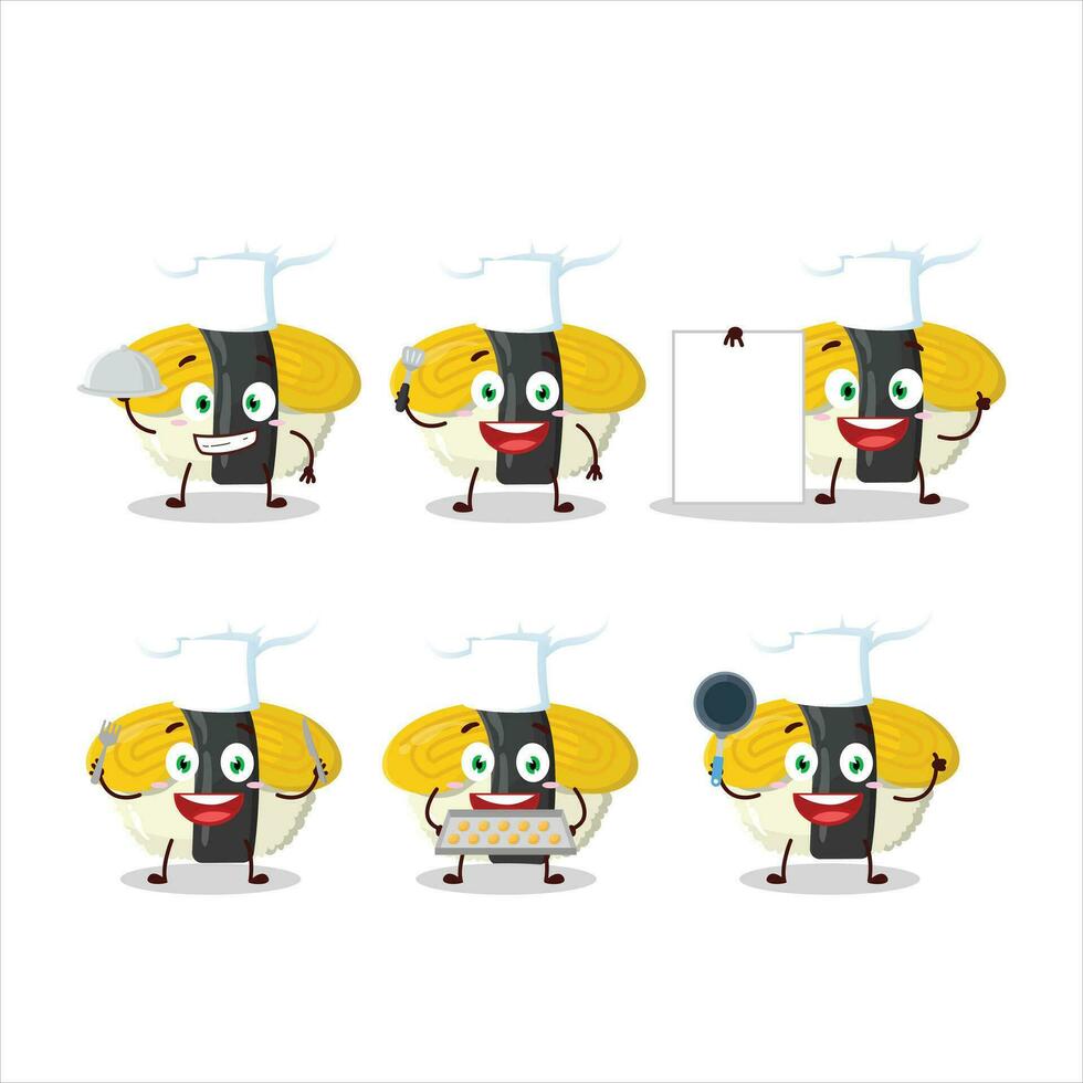 dibujos animados personaje de tamago Sushi con varios cocinero emoticones vector
