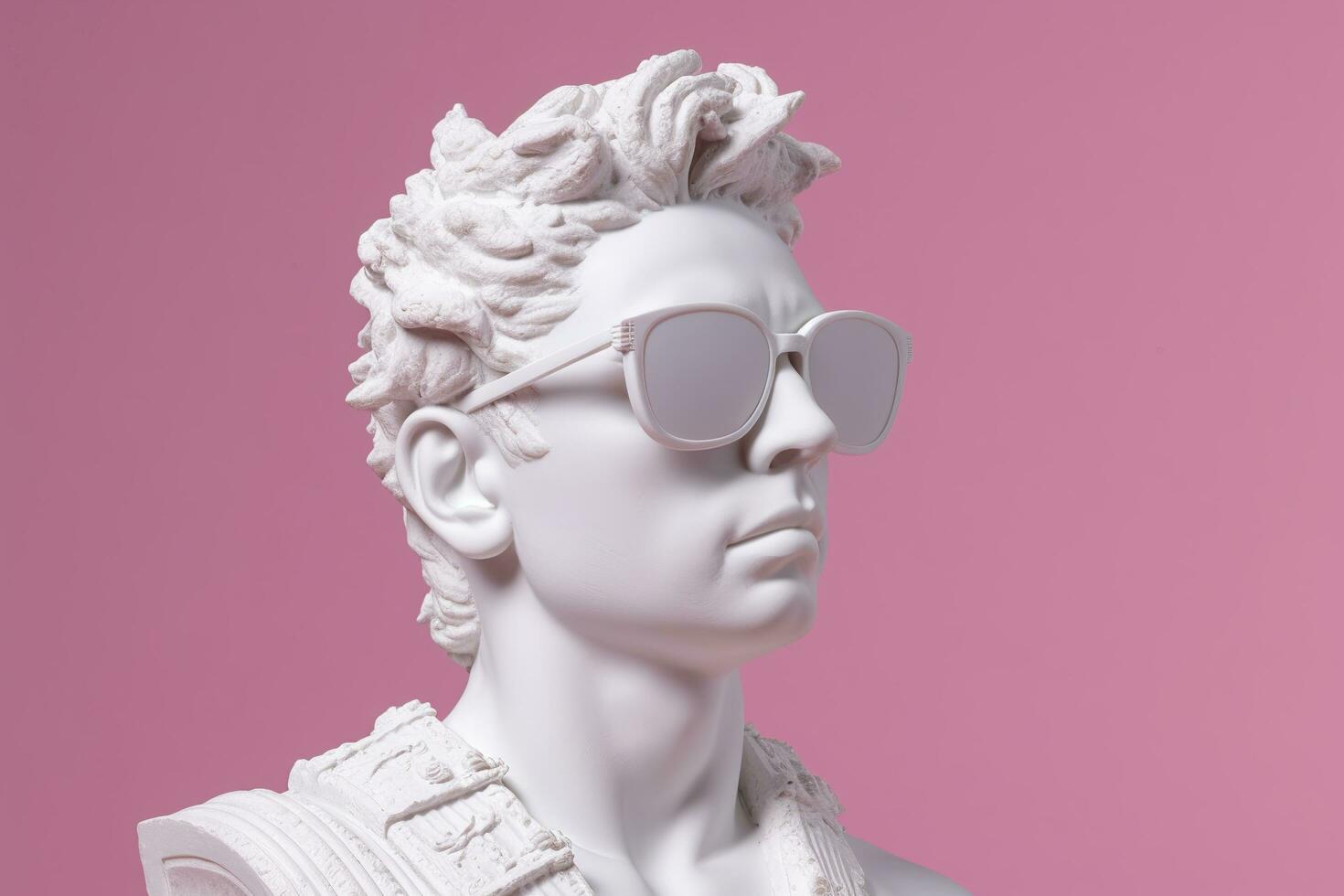 The head of a white mythological statue with fashionable pink glasses on his eyes, frame in profile. AI Generative photo