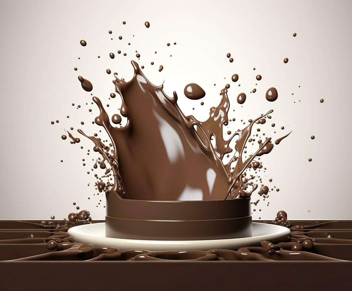 Chocolate splash with a podium, mockup background for milk product display, 3d. Generative AI photo