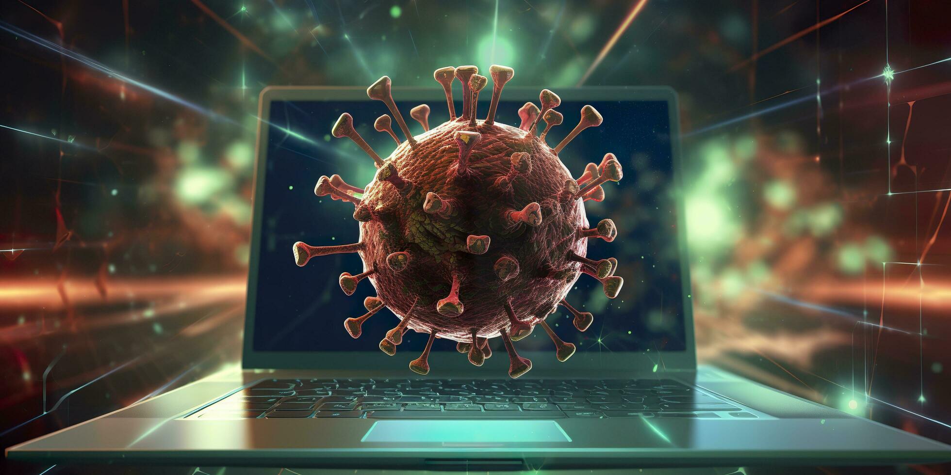 Computer screen showing an installing update notification with a virus symbol,  AI Generative photo