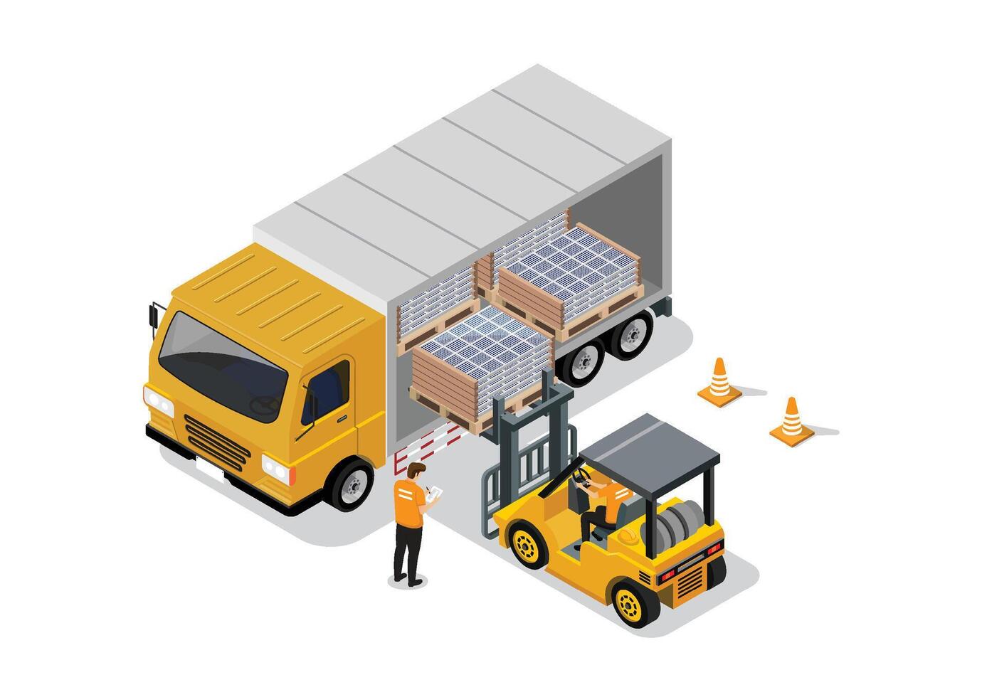 Loading solar panels and unloading of cargo with forklift truck and workers. Business concept. Isometric vector