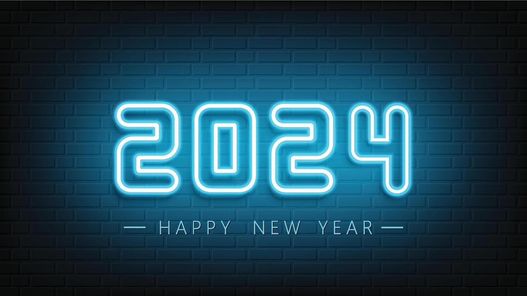 Happy New Year neon design. 2024 neon text. Neon 2024 new year sign