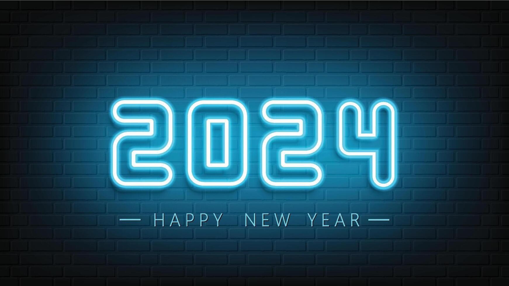 Happy New Year neon design. 2024 neon text. Neon 2024 new year sign. Vector Illustration.