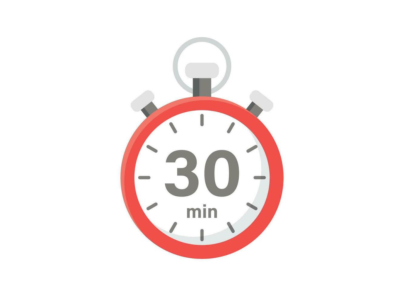 30 minutes on stopwatch icon in flat style. Clock face timer vector illustration on isolated background. Countdown sign business concept.