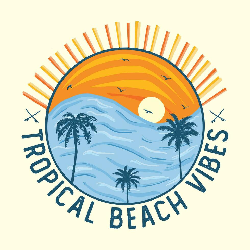 Tropical beach summer vibes hand draw, summer beach slogan with beach illustration, Hawaii, Aloha surf typography for t-shirt print. vector