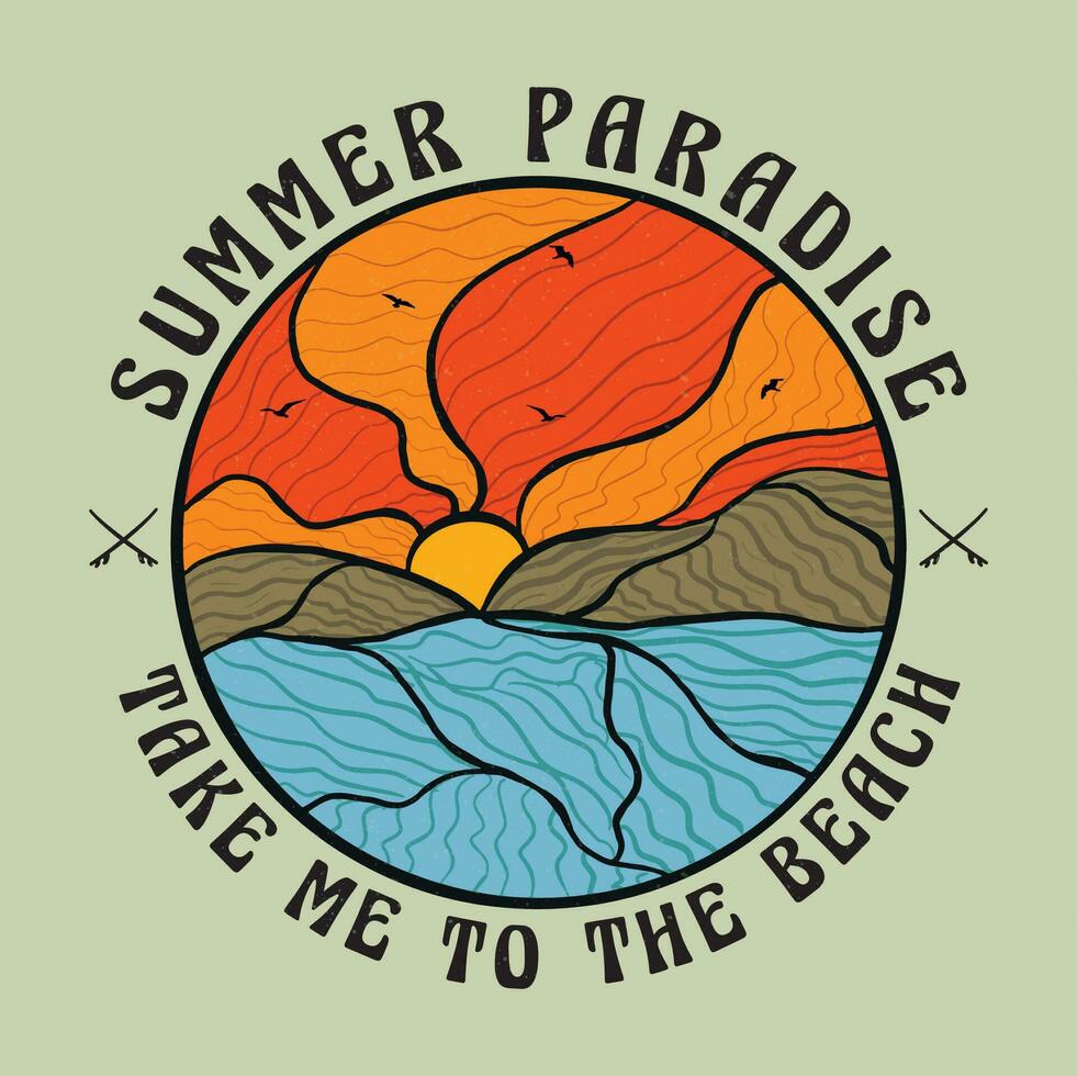 Summer Paradise Beach vintage graphic print design. Beach vibes with board print design. Hand sketch beach vector design.