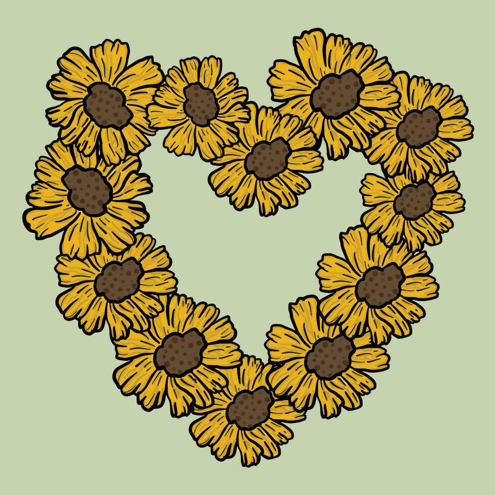 Sunflower Love Shape. heart shaped floral sunflowers. vector