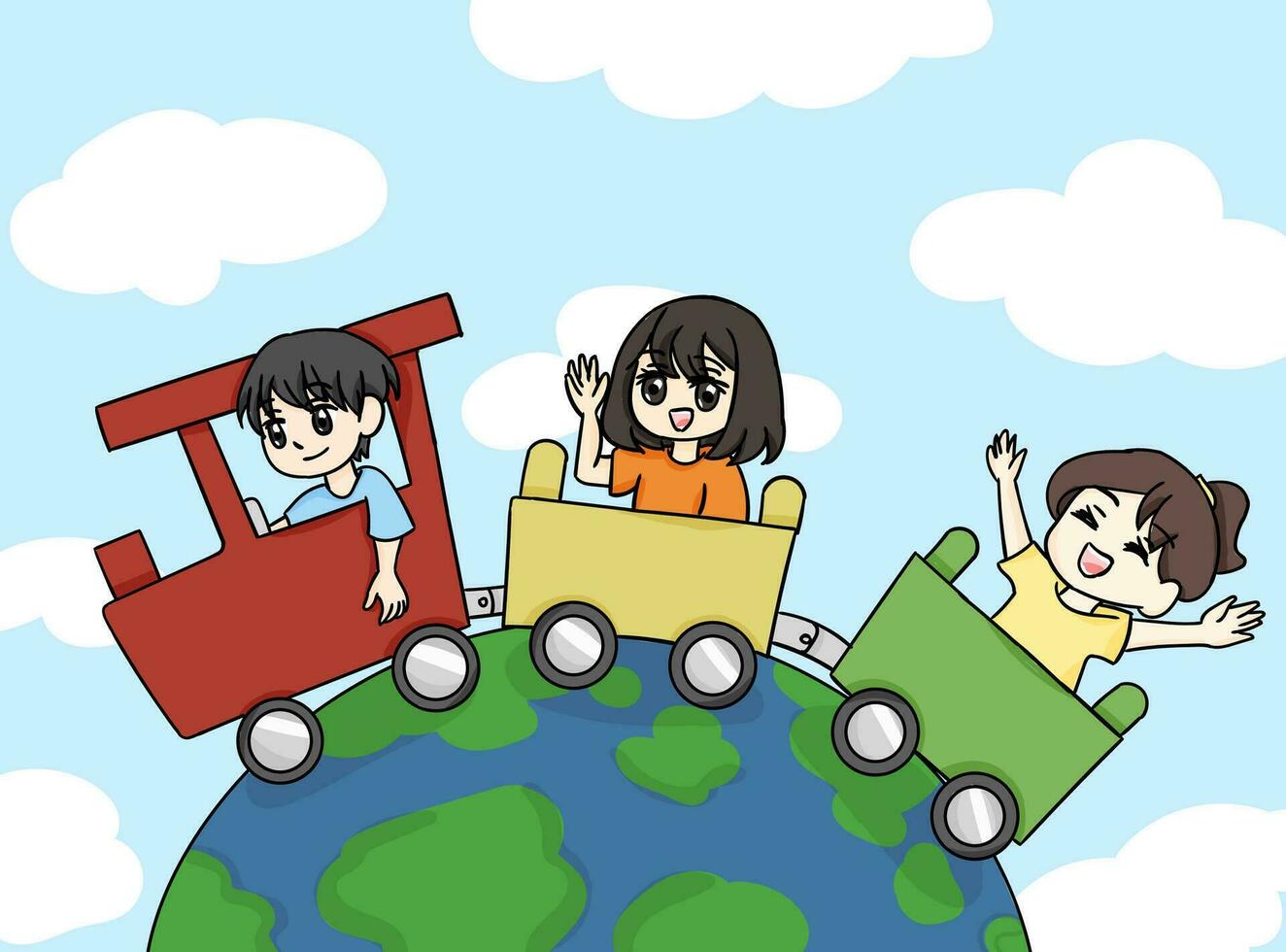 happy children's day illustration. Children are playing outside on a toy train vector