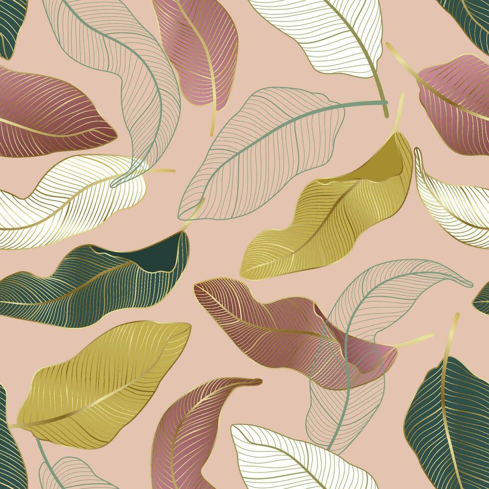 Floral seamless pattern with leaves. gold outline tropical background vector