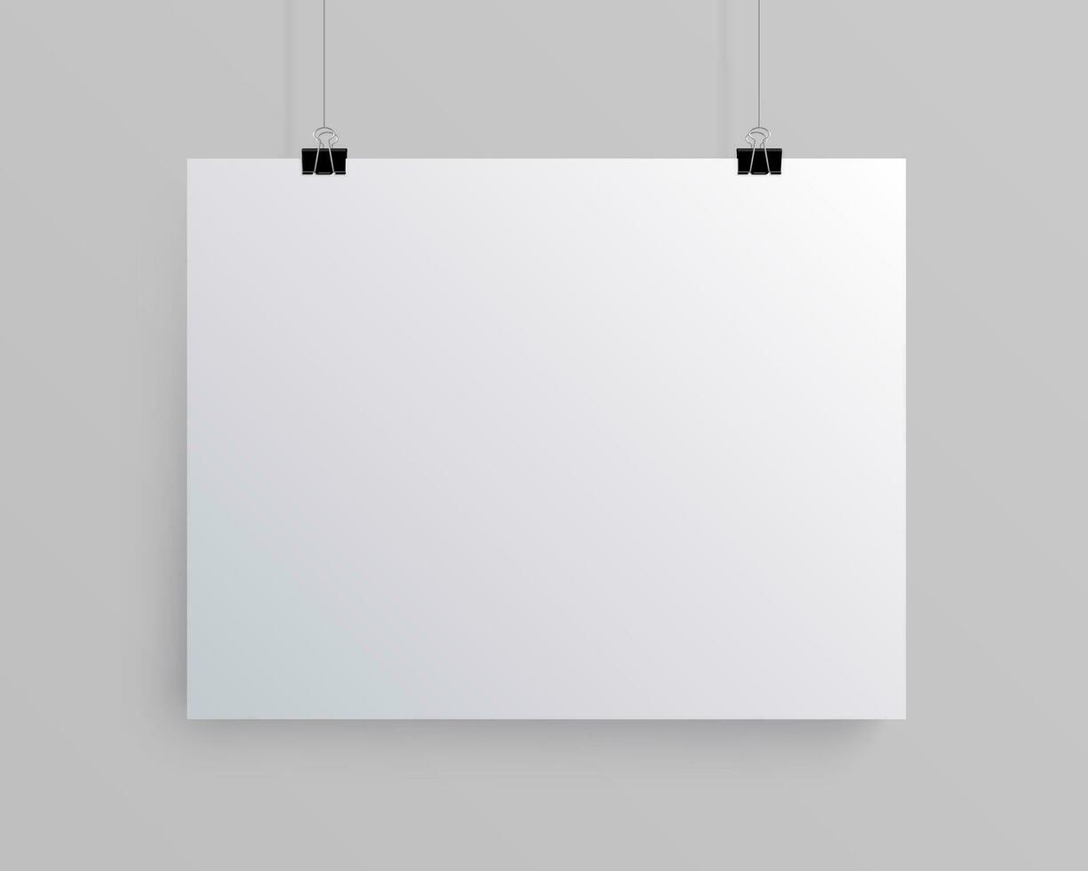 blank white poster hanging on a wall mockup vector
