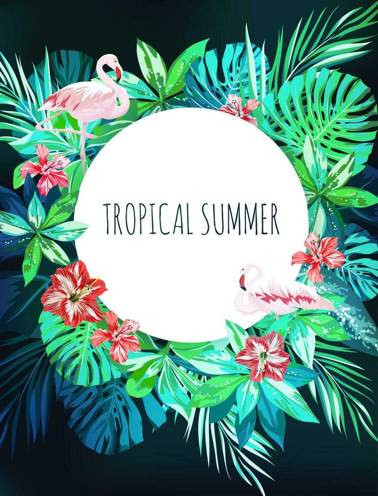 Bright hawaiian design with flamingos, tropical plants and hibiscus flowers vector