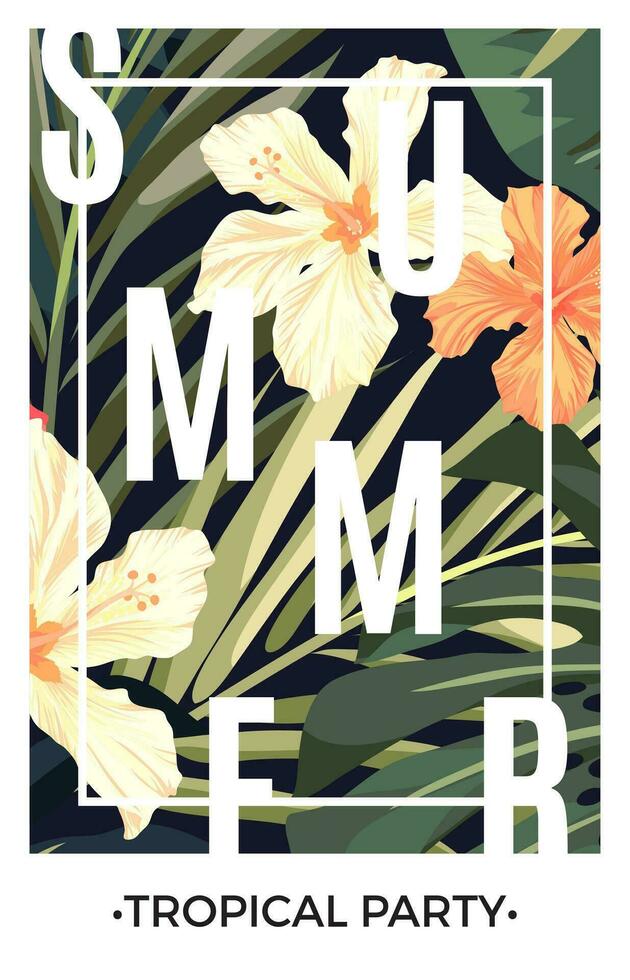 Summer tropical hawaiian background with palm tree leaves and exotic flowers vector