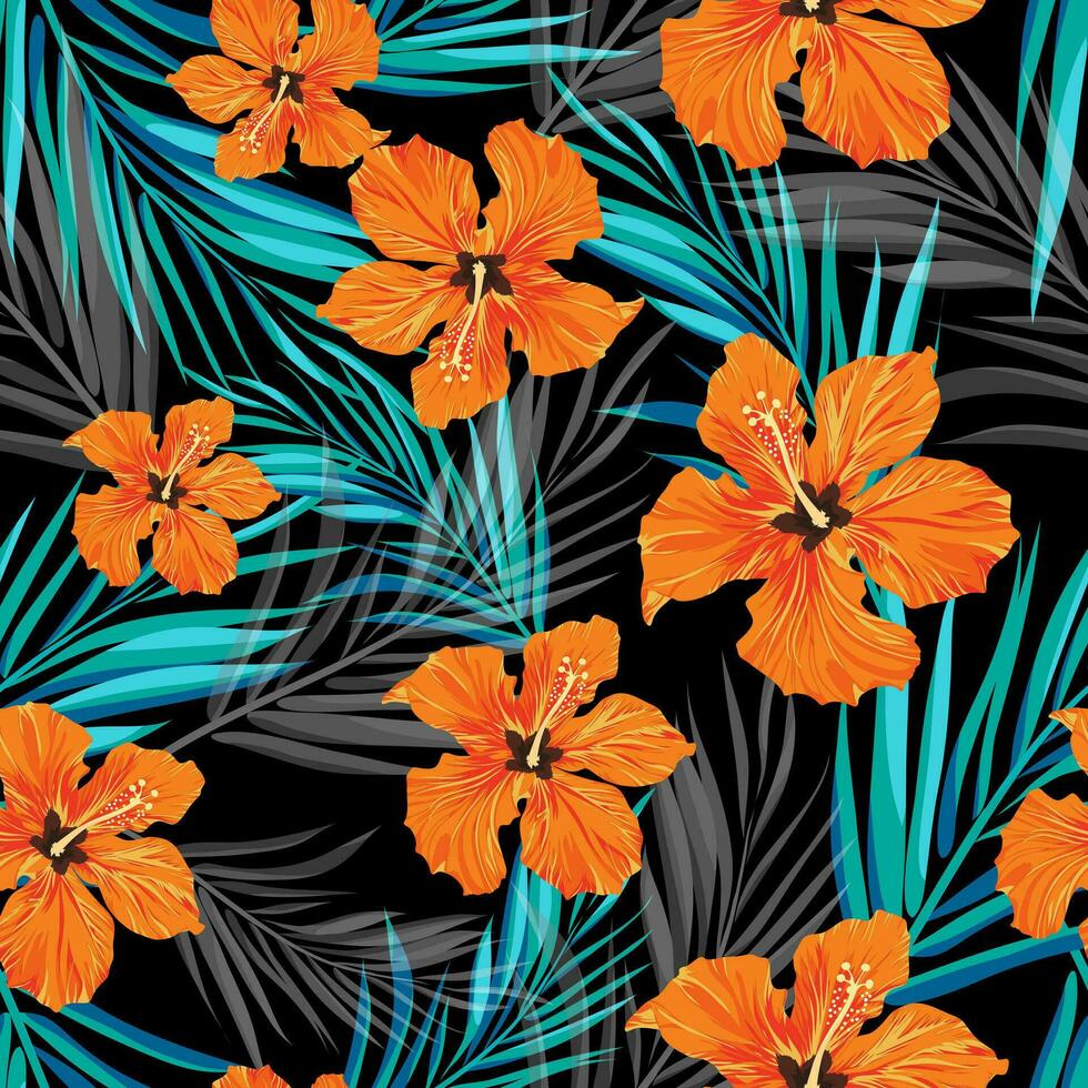 Summer tropical hawaiian background with palm tree leaves and exotic flowers vector