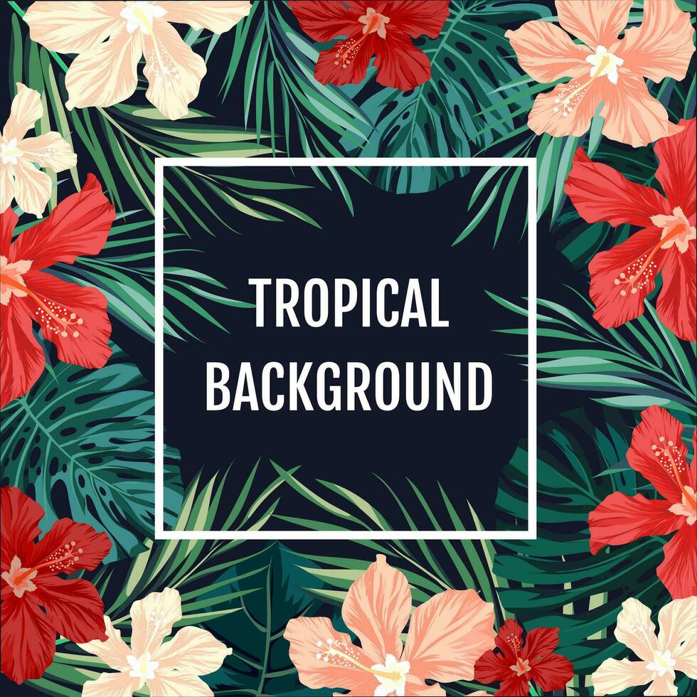 Summer tropical hawaiian background with palm tree leaves and exotic flowers vector