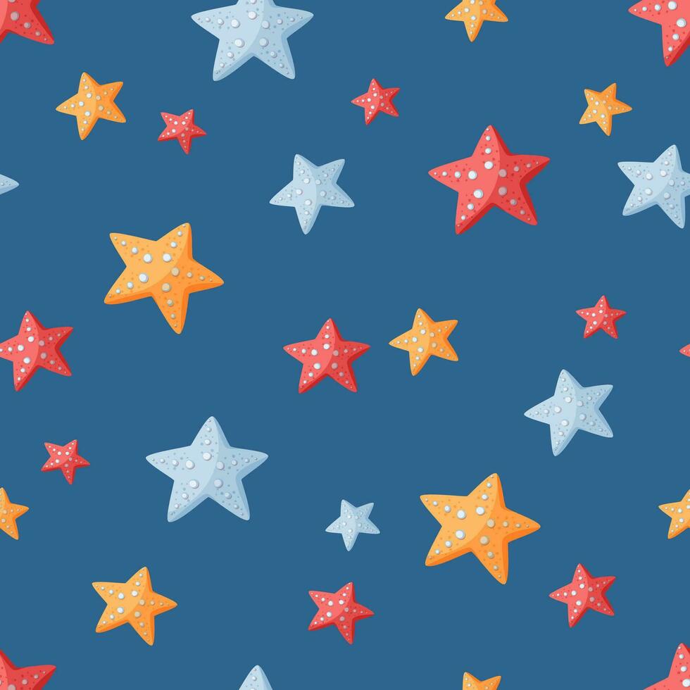 Seamless vector pattern with colorful starfishes on a blue background. Summer hand drawn background for package, wrapping paper, banner, print, card, gift, fabric, card, textile, wallpaper, web