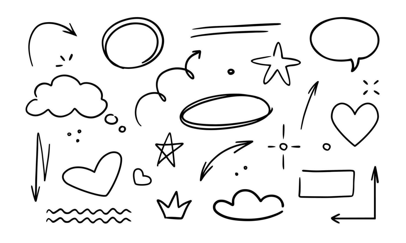 Doodle glitter pen line elements on a white background. Doodle heart, arrow, star, emphasis, speech bubble, sparkle element set icon. Simple sketch line style emphasis, attention, pattern elements. vector