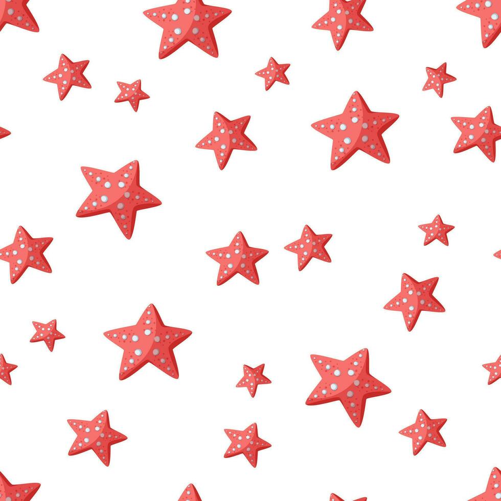 Red starfish seamless vector pattern. Underwater animals in the shape of stars with suckers. Flat cartoon style, hand drawn childish illustration on white background. Cute sea backdrop