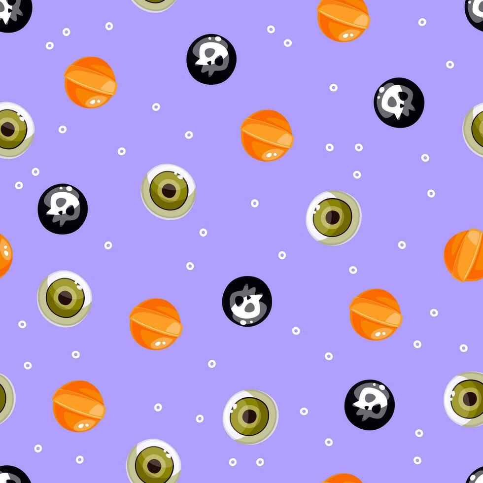Candies halloween seamless pattern on a purple background. Sweet Halloween candy . Trick or treat background. Lollipops with the image of an eye and a skull. Wallpaper vector illustration.