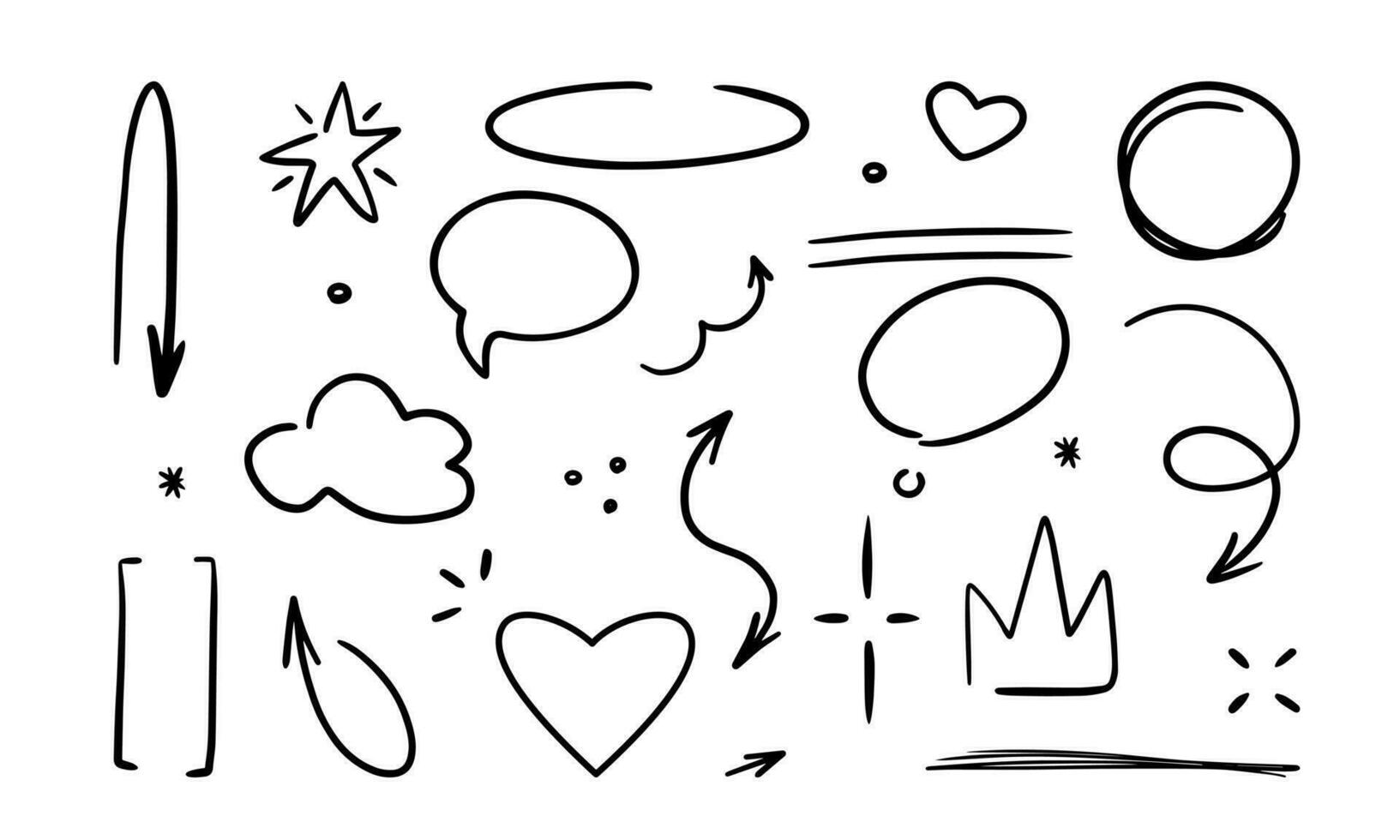 Doodle glitter pen line elements on a white background. Doodle heart, arrow, star, emphasis, speech bubble, sparkle element set icon. Simple sketch line style emphasis, attention, pattern elements. vector