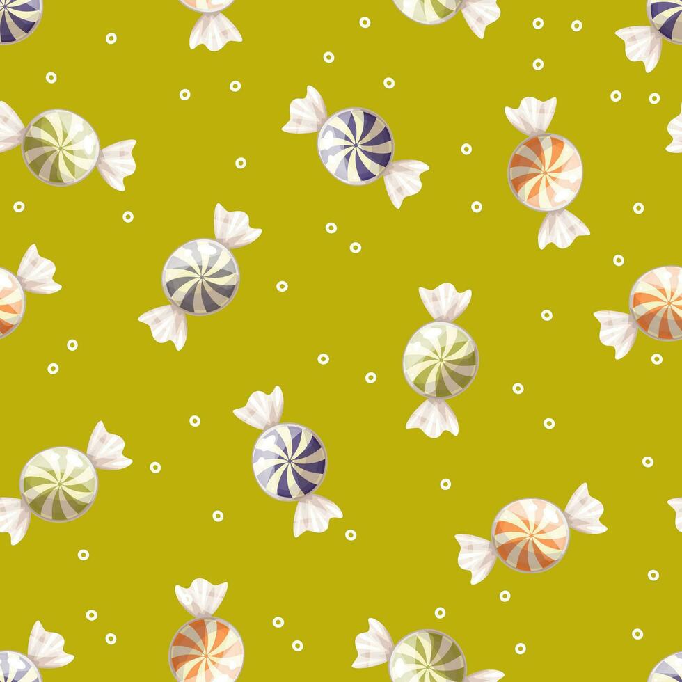 Candies halloween seamless pattern on a green background. Sweet Halloween candy . Trick or treat background. Lollipops in transparent wrapper. Wallpaper vector illustration.