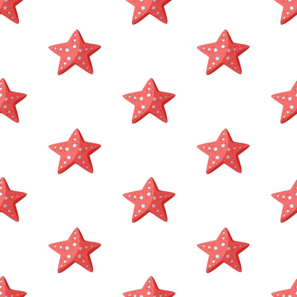 Red starfish seamless vector pattern. Underwater animals in the shape of stars with suckers. Flat cartoon style, hand drawn childish illustration on white background. Cute sea backdrop
