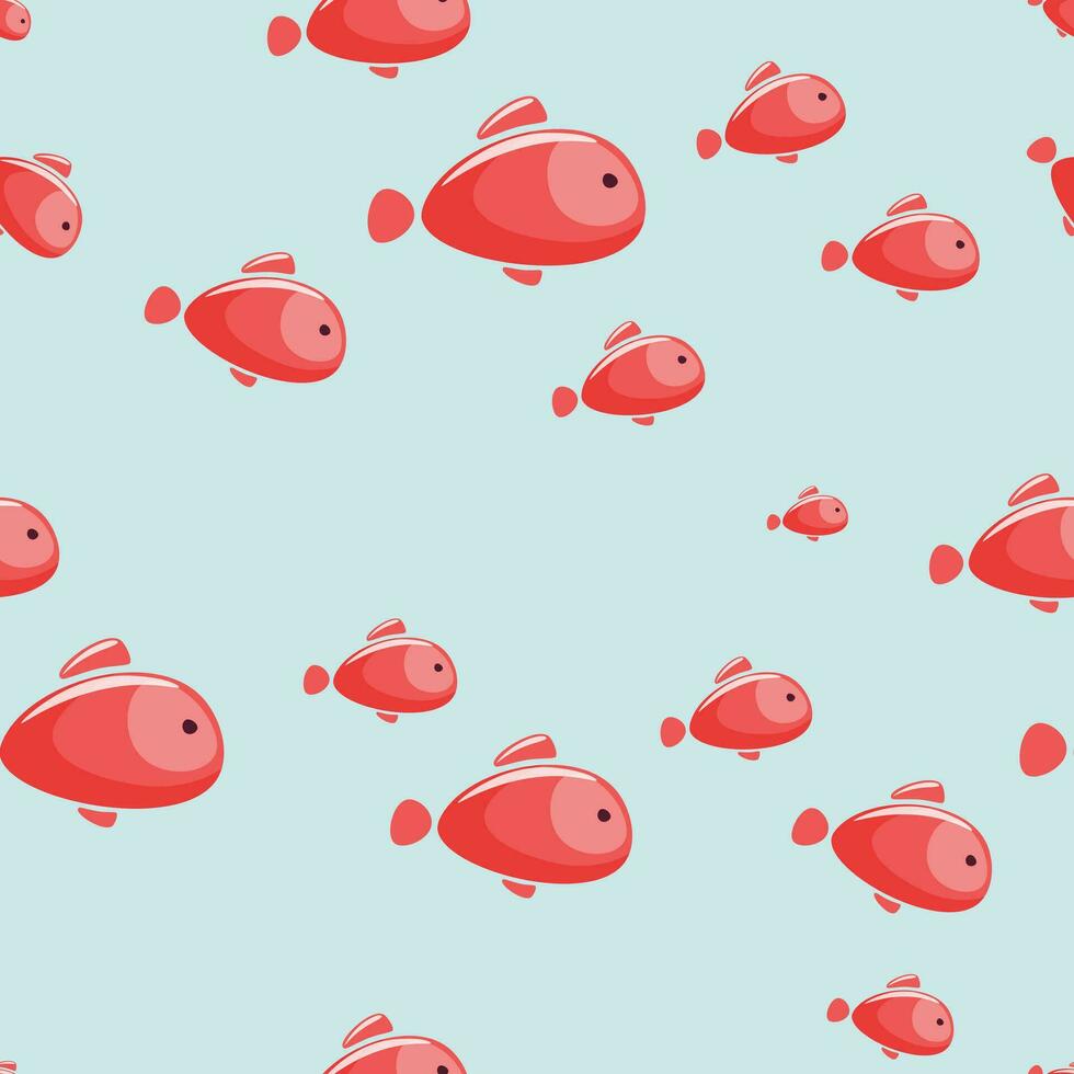 Seamless pattern with pink fish on blue background. Fish of different sizes. Cartoon, flat illustration. Can be used for fabrics, textiles, wallpaper, wrapping paper, children's clothing. vector