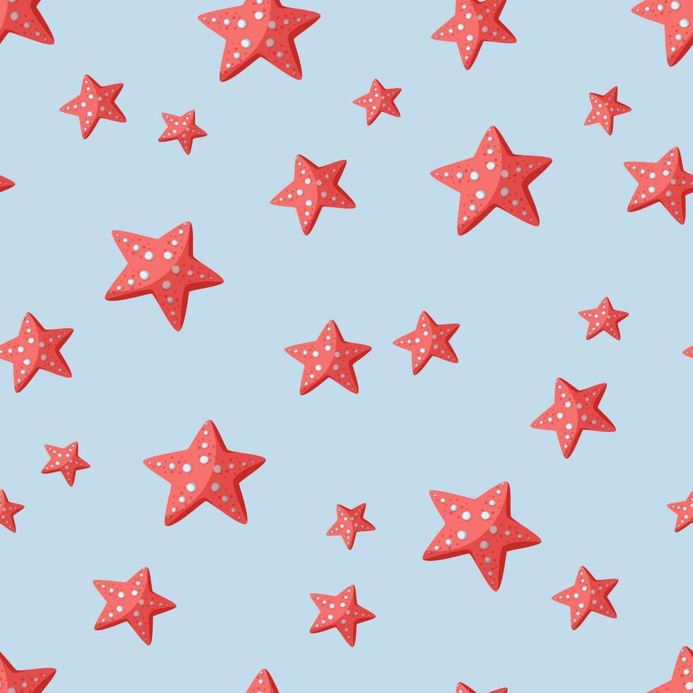 Red starfish seamless vector pattern. Underwater animals in the shape of stars with suckers. Flat cartoon style, hand drawn childish illustration on a blue background. Cute sea backdrop