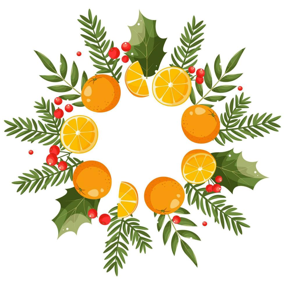 invierno Navidad decoración guirnalda con naranja, rojo bayas y pino leña menuda. diseño para Días festivos invitación tarjeta, póster, bandera, saludo tarjeta, tarjeta postal, embalaje, impresión. vector ilustración.