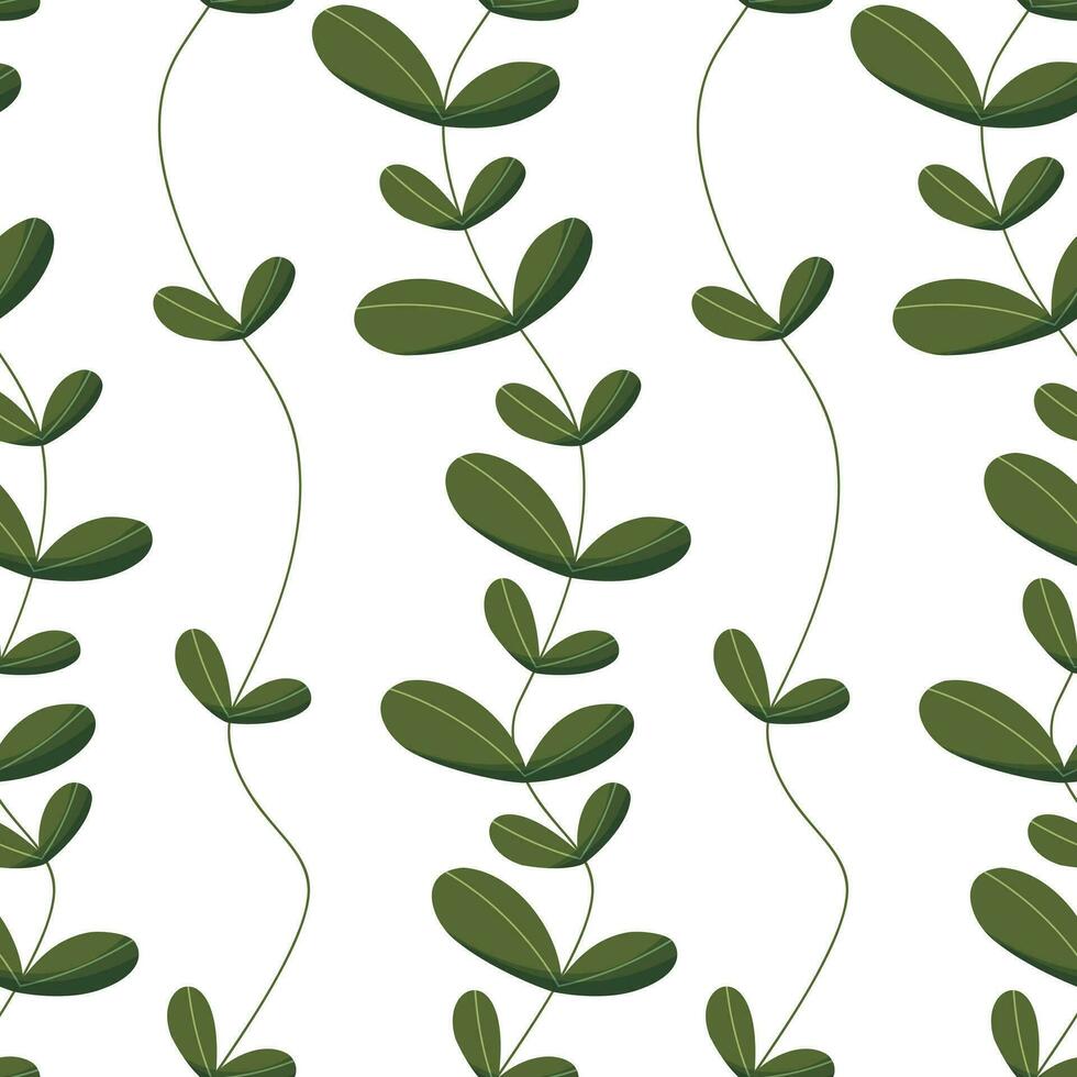 Seamless pattern with vertical branches of green leaves. Pattern with branches and leaves of silver dollar eucalyptus isolated on white background. Wallpaper, fabric, wrapping paper, scrapbooking. vector